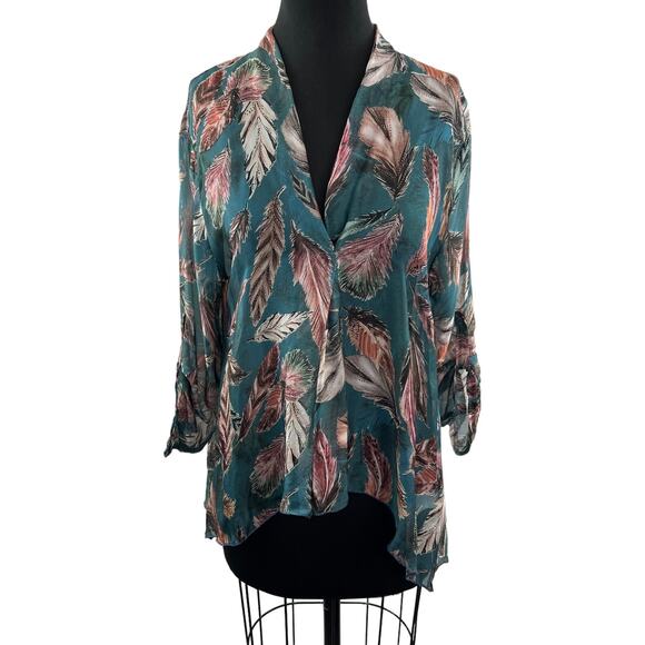 LOLA ITALY Teal Top Feather Print Surplice Button Tab Sleeve Pullover Sz L Large - Picture 1 of 9